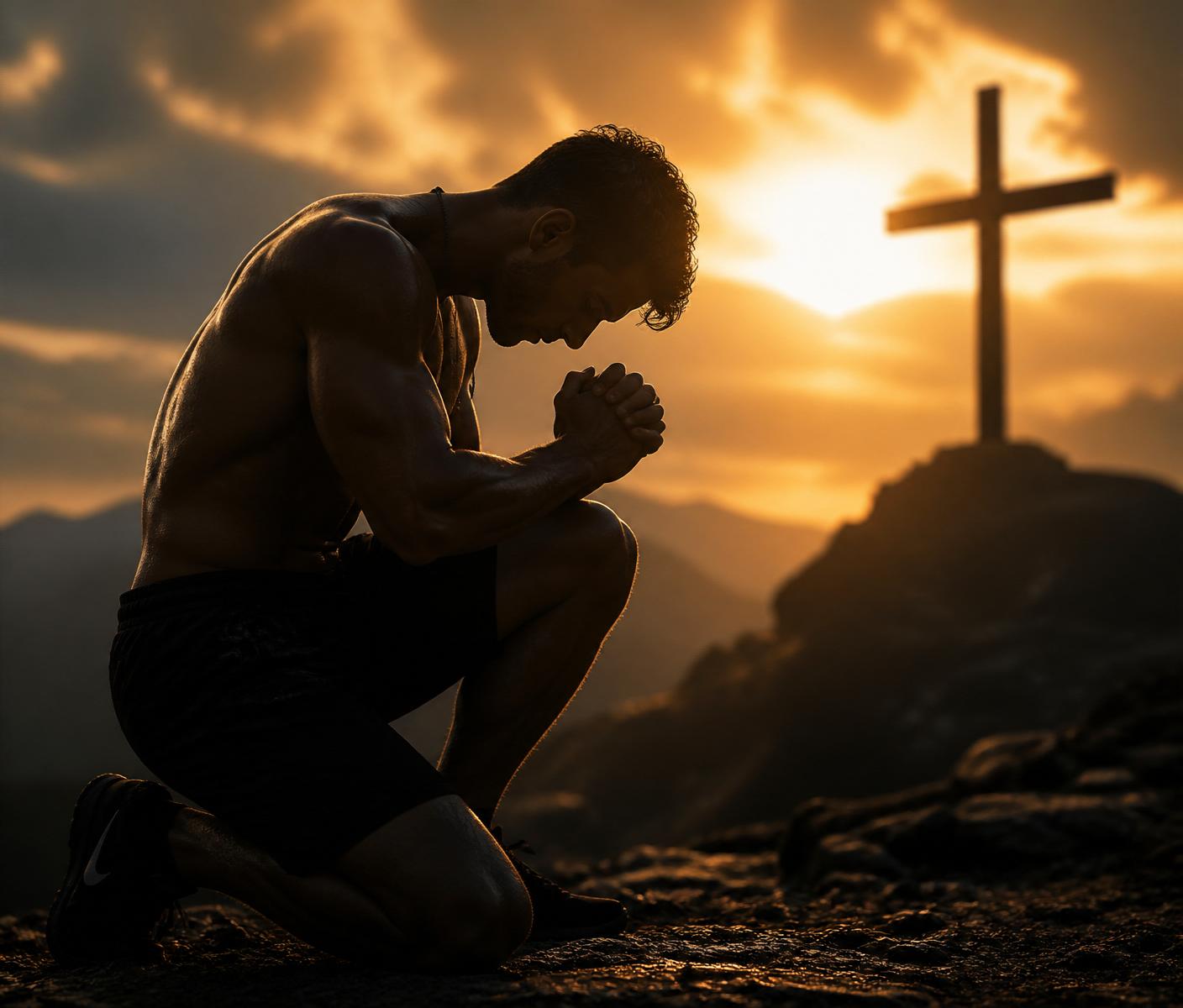 Faith-driven athlete kneeling before a cross at sunrise