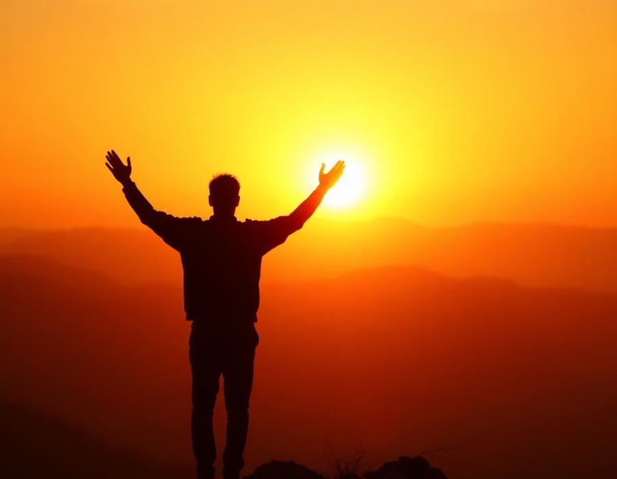 Silhouette raising arms on a mountain at sunrise